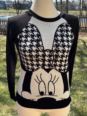 Disney Women Minnie Mouse Houndstooth Sweater Black White Long Sleeve Size Small